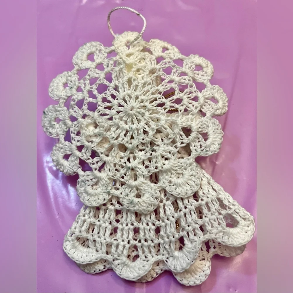 Vtg 3D Crochet Angel Ornament | Starched Lace Snowflake Halo Grandmacore Decor